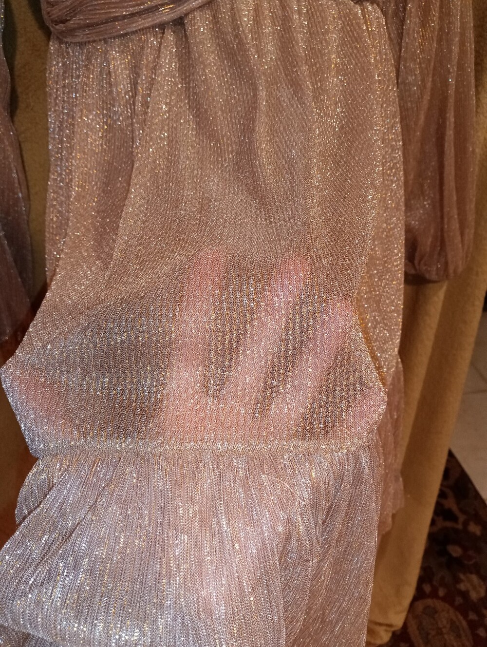 Ellen Weaver NWT Metallic Shimmer Rose Gold Tiered Long-Sleeve Dress Sz S - Picture 5 of 5
